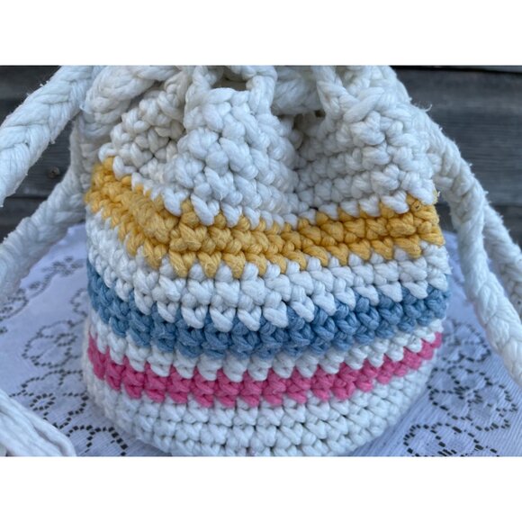 Vintage 1970s Cotton Crochet Pastel Stripe Drawstring Bag Purse - Picture 7 of 13